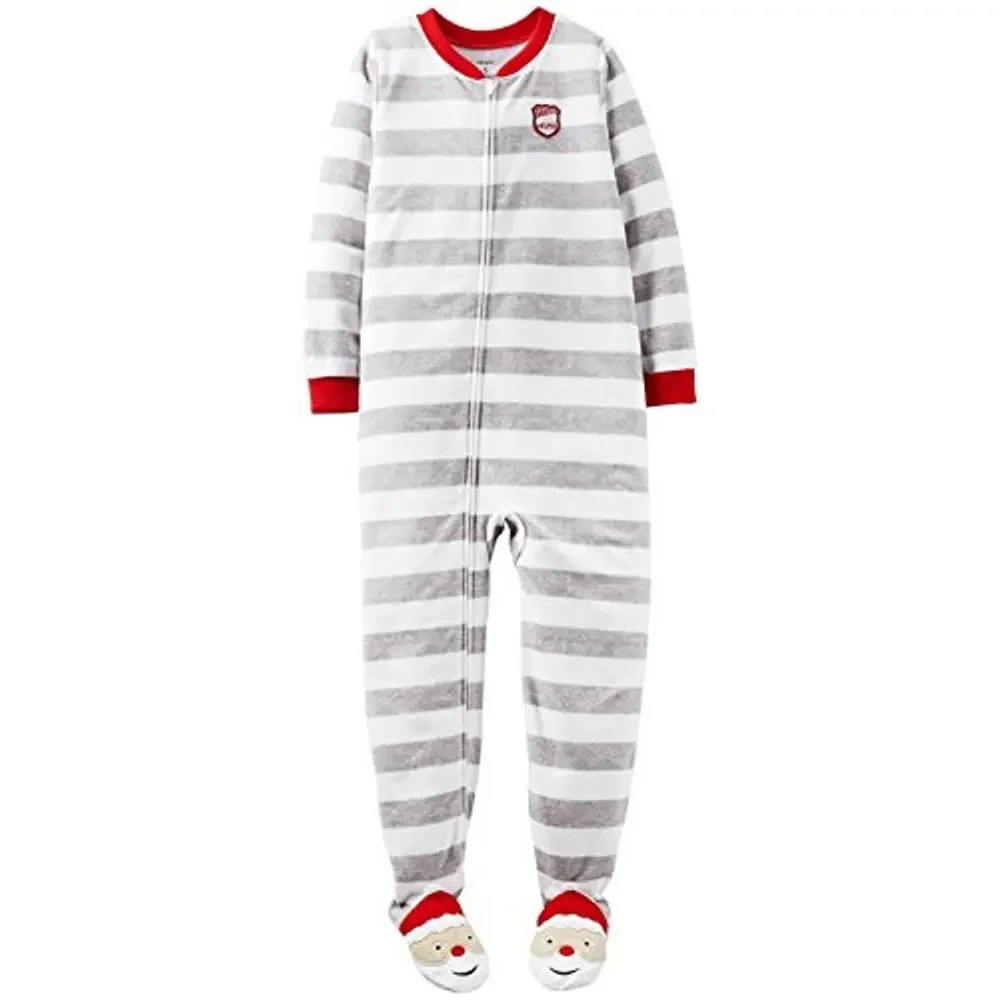Carter's Gray White Striped Santa's Little Helper Zipper Fleece Sleeper 4T Red
